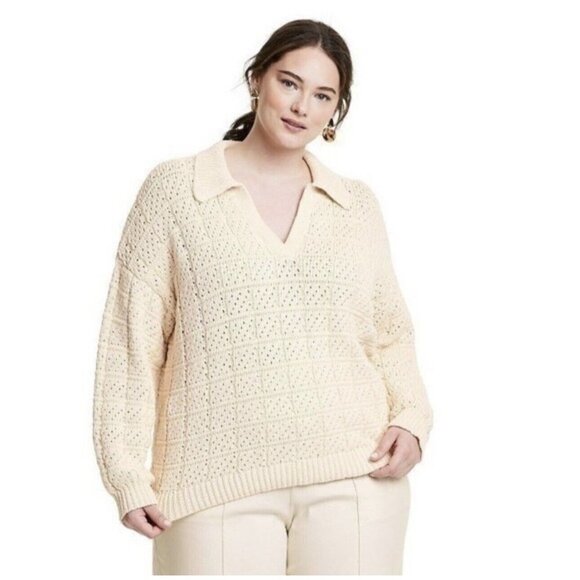 Rachel Comey X Target 1X Beige V Neck Collared Sweater Chunky Knit Cotton Blend - Picture 2 of 7